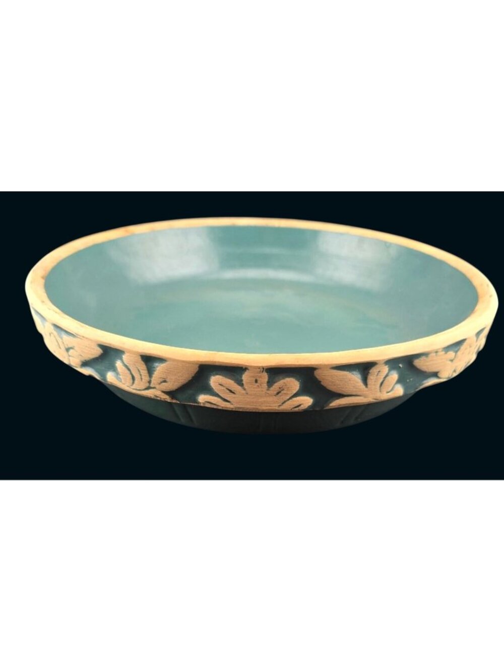 Vintage Clay City Pottery 10" Green Bowl Pie Plate Floral Embossed Rim - Picture 3 of 13